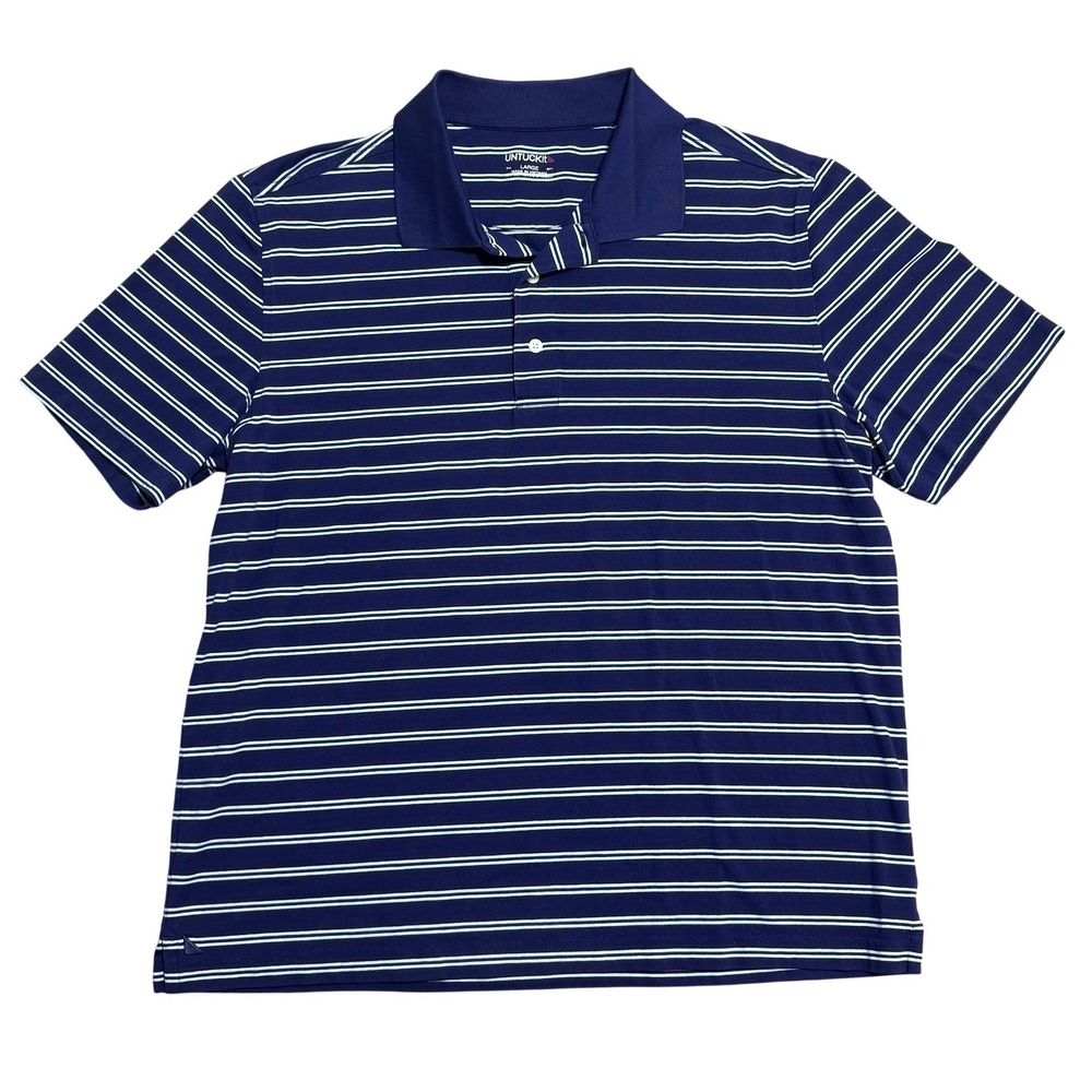 UNTUCKit Polo Shirt Mens Large Navy Blue Striped Cale‎ Short Sleeve Stretch Knit